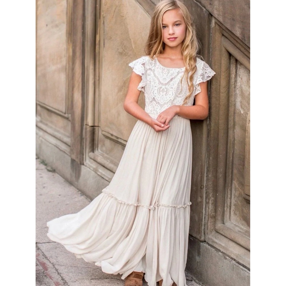 Joyfolie Mia Joy Maxi Dress Kids Size 12 Cream Lace Tiered Boho